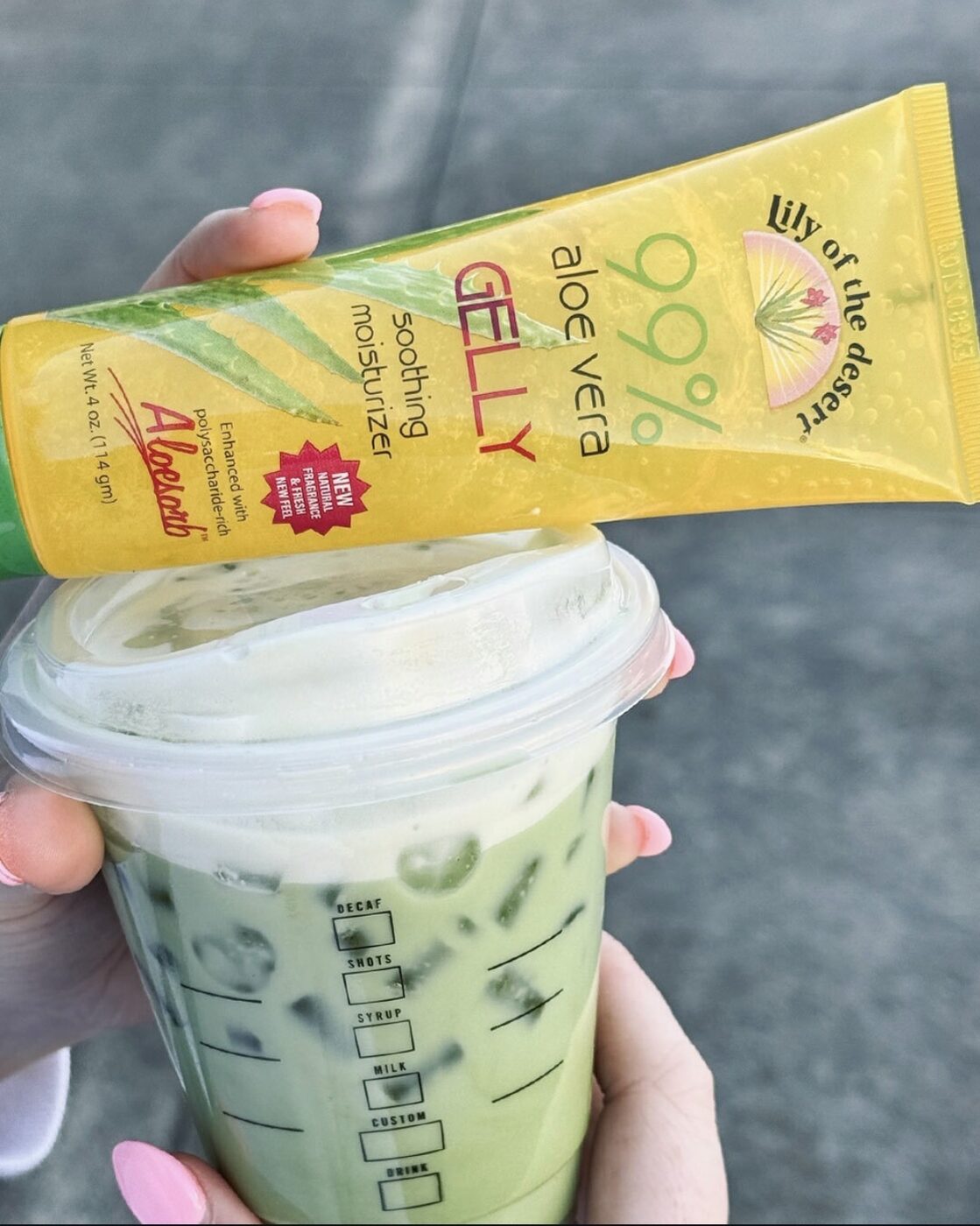 Aloe vera gelly poured on iced matcha