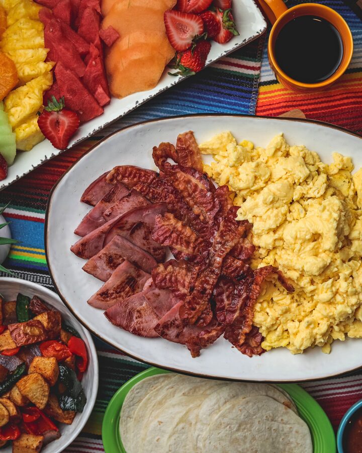 Blue Mesa brunch platter with eggs and bacon