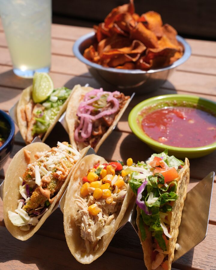 Taco spread with sweet potato chips and salsa