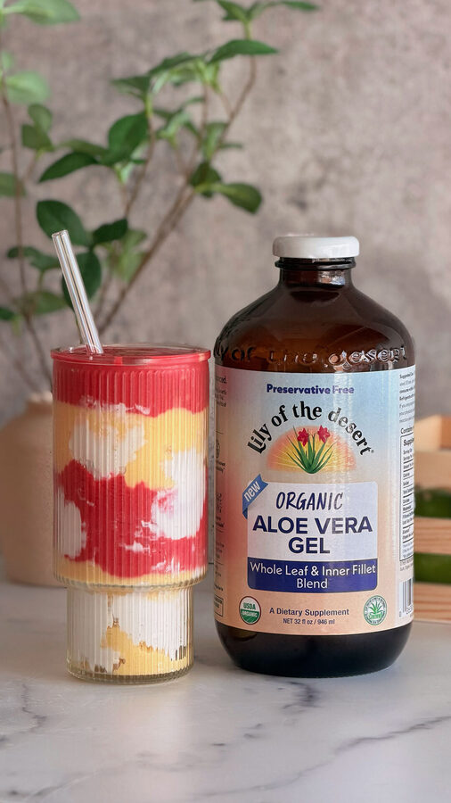 Layered fruit smoothie with aloe vera gel